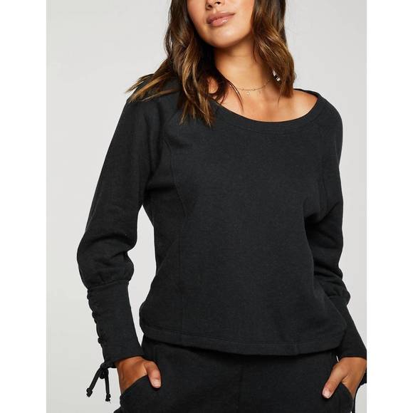 NEW CHASER cashmere fleece lace up blouson sleeve raglan pullover in true black - Picture 2 of 2